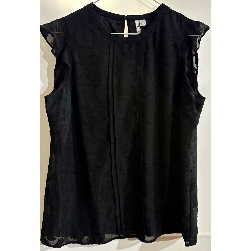 ELLE Women’s Blouse M Black Floral Lace V-Neck Sleeveless Ruffle Button